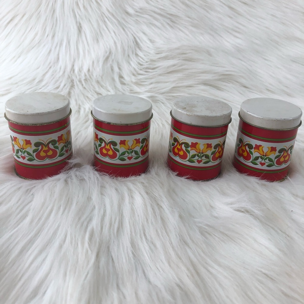 Vintage Metal 60's 70's Style Storage Containers Red Floral Pattern - Picture 2 of 11